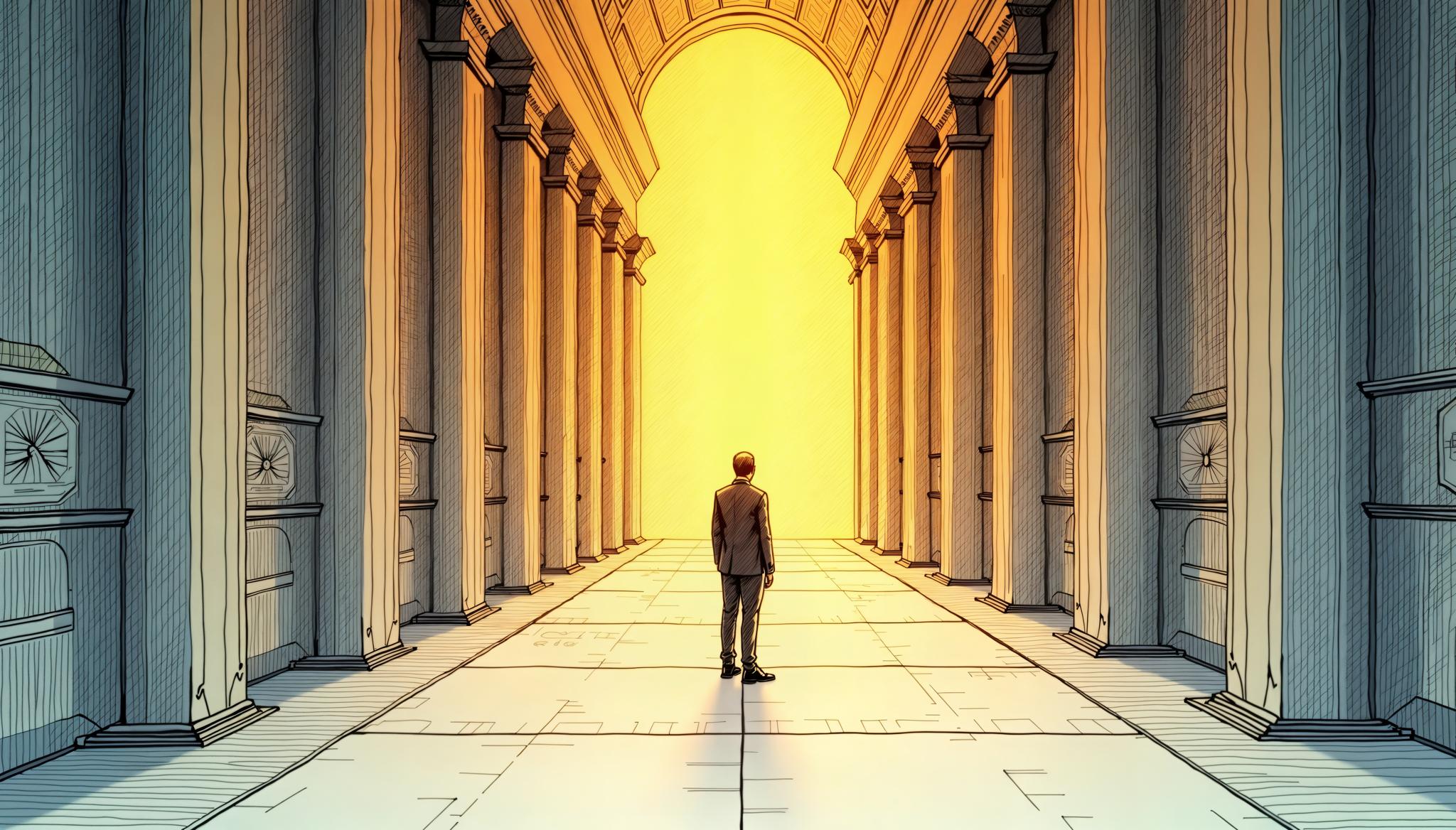 A figure standing in a vast luminous gallery, architectural blueprints and growth patterns on the walls