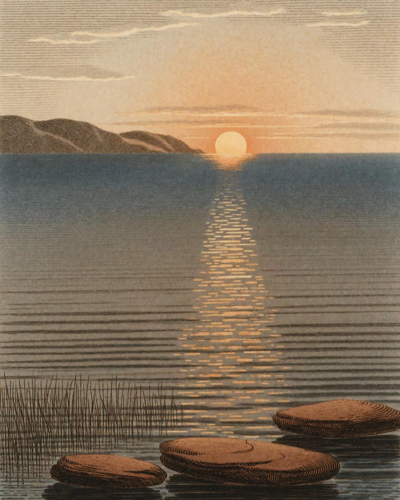 A hand-coloured engraving of the sun clearing the horizon over a sheet of still open water, with reeds and flat stones in the near shallows