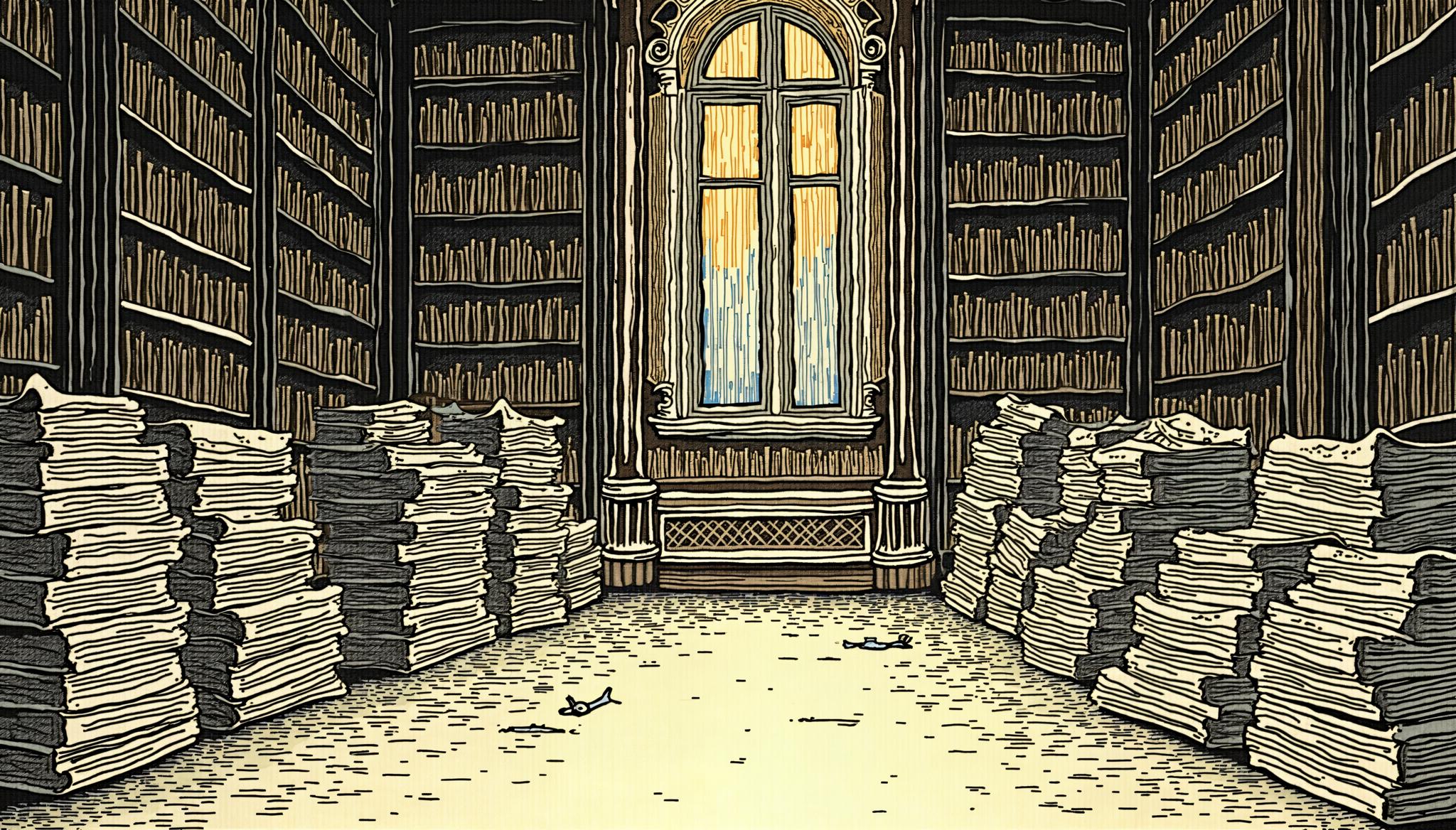 A stack of glossy reports gathering dust, architectural engraving