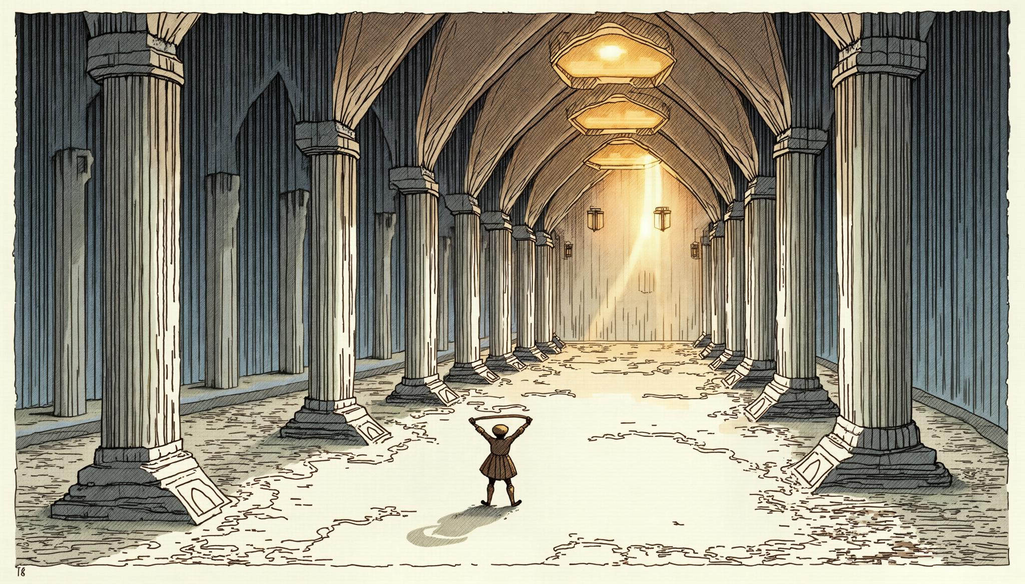 A person holding up a ceiling, architectural engraving