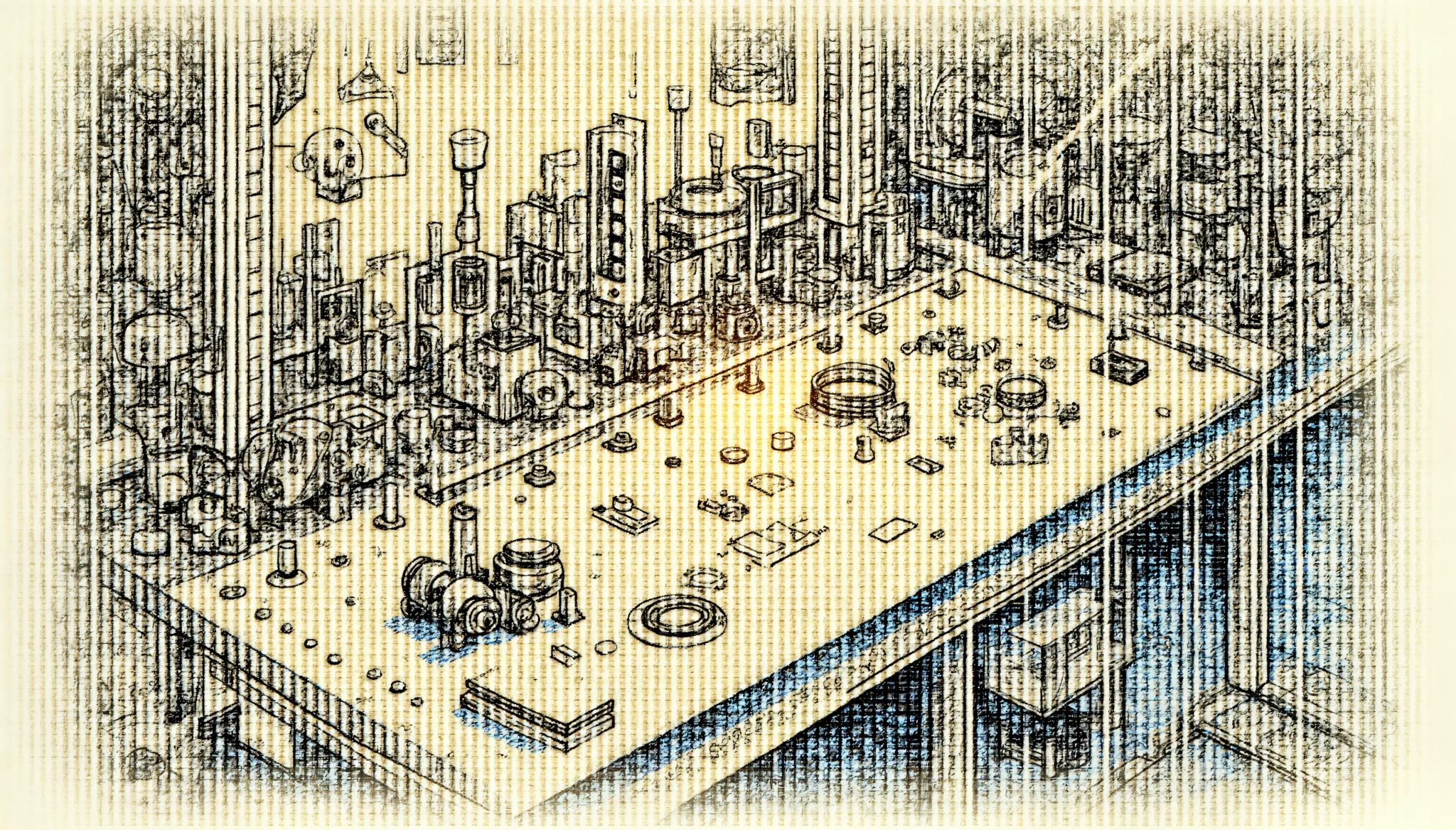 A laptop with many open tabs glowing in a dark room, architectural engraving