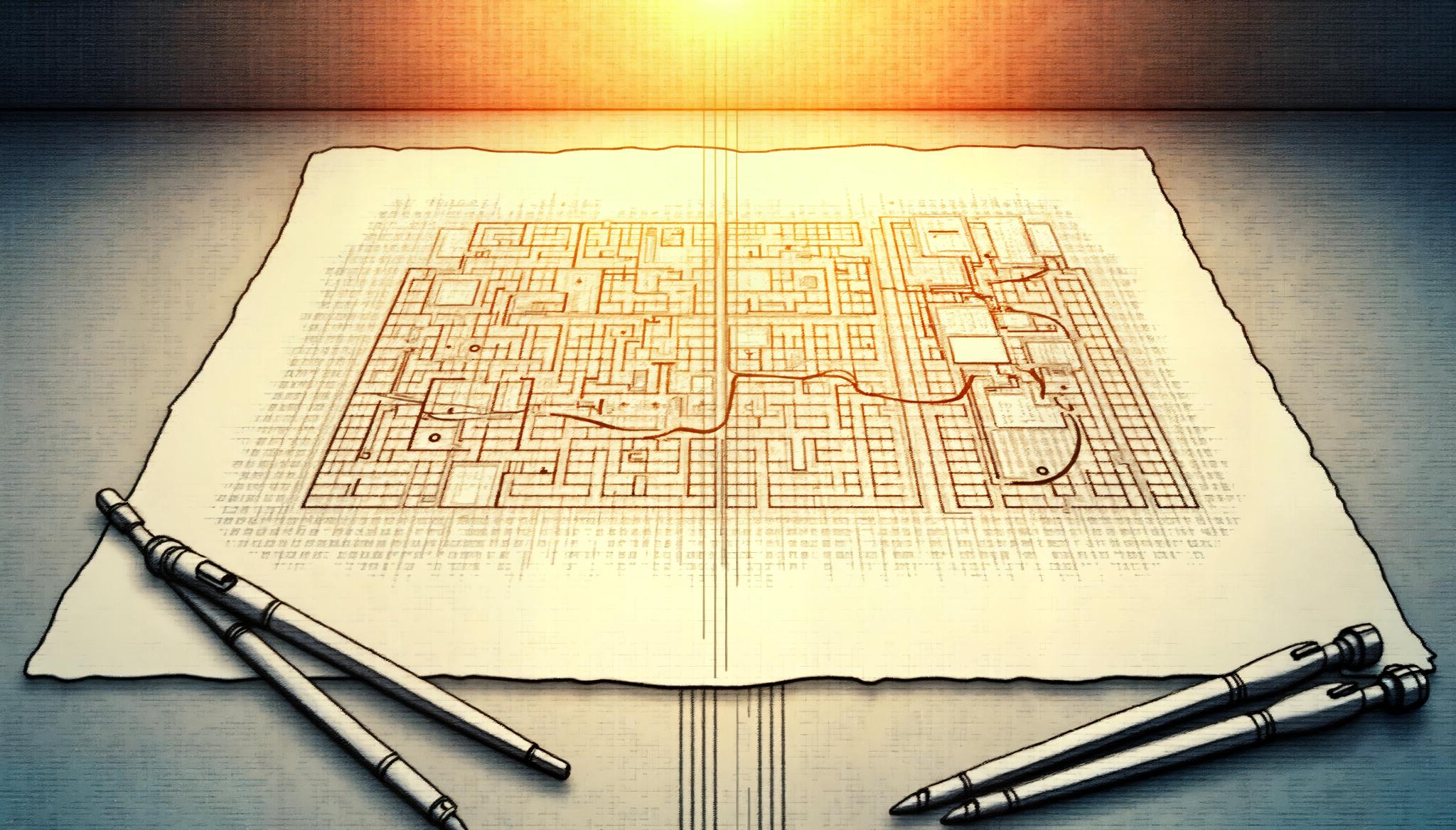An architect's compass on a blueprint, pen and ink engraving