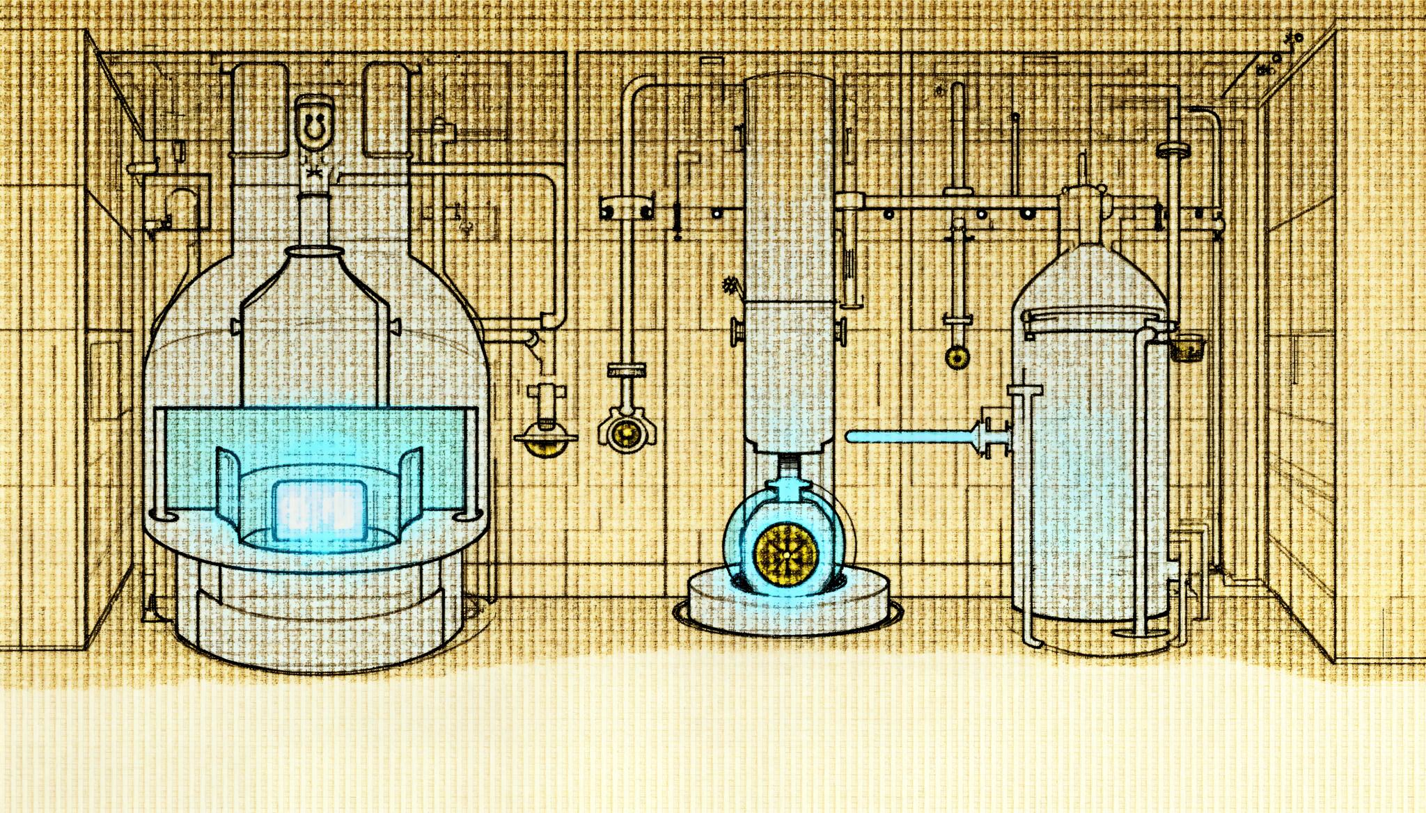 Interconnected vessels with flowing liquids, pen and ink engraving