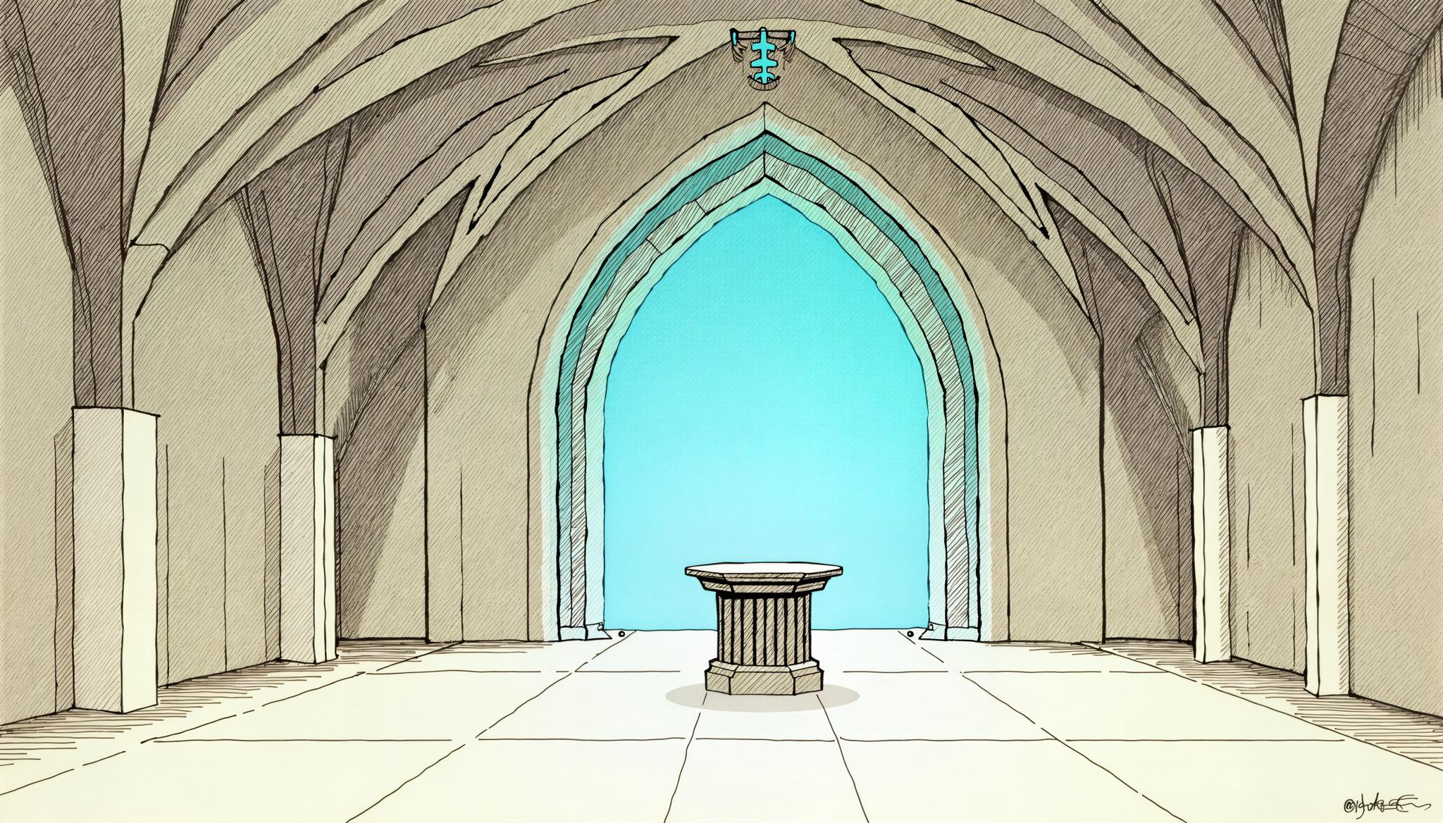 A serene treatment room rendered as architectural engraving