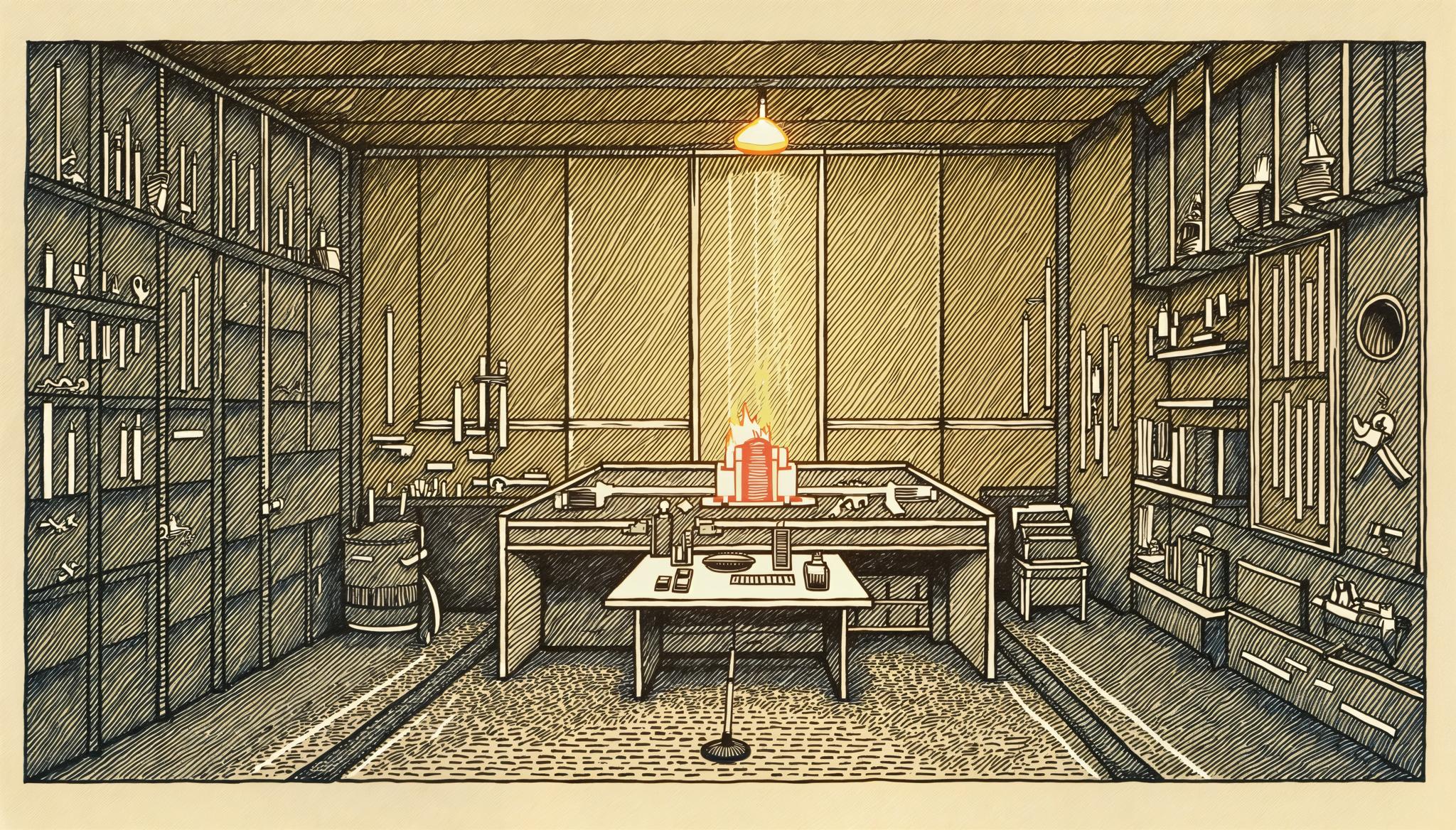 A landscaping crew's tools organized precisely, architectural engraving